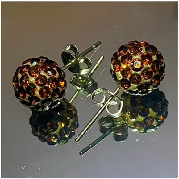 8mm Amber Brown Stud Shamballa Crystal Rhinestone Gem Czech Earring Classy - Picture 1 of 4